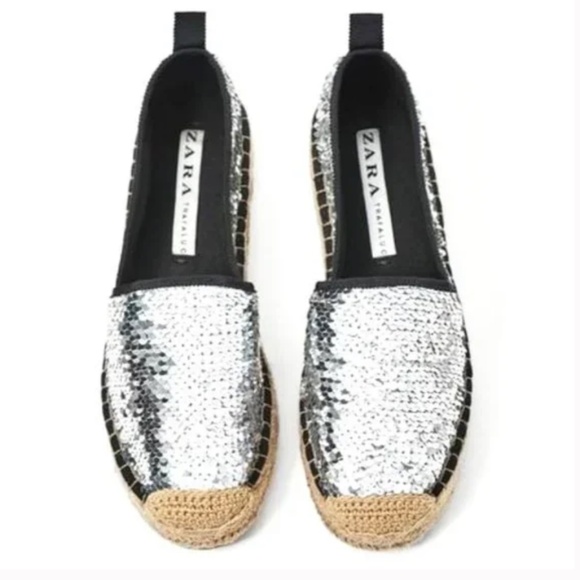 ZARA Silver Sequin Espadrilles Size 39 Gently Loved - Picture 1 of 8